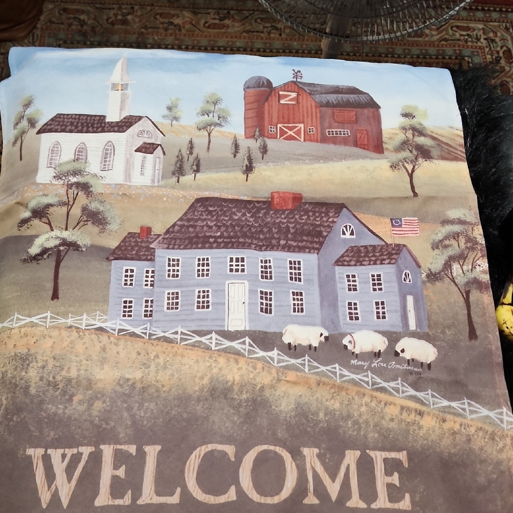 Welcome Farmhouse Scene CLOTH FLAG. 34" TALL X 23" WIDE.